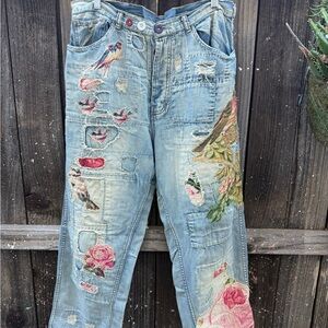 Magnolia Pearl Distressed Boyfriend Jeans with Floral and Bird Embroidery